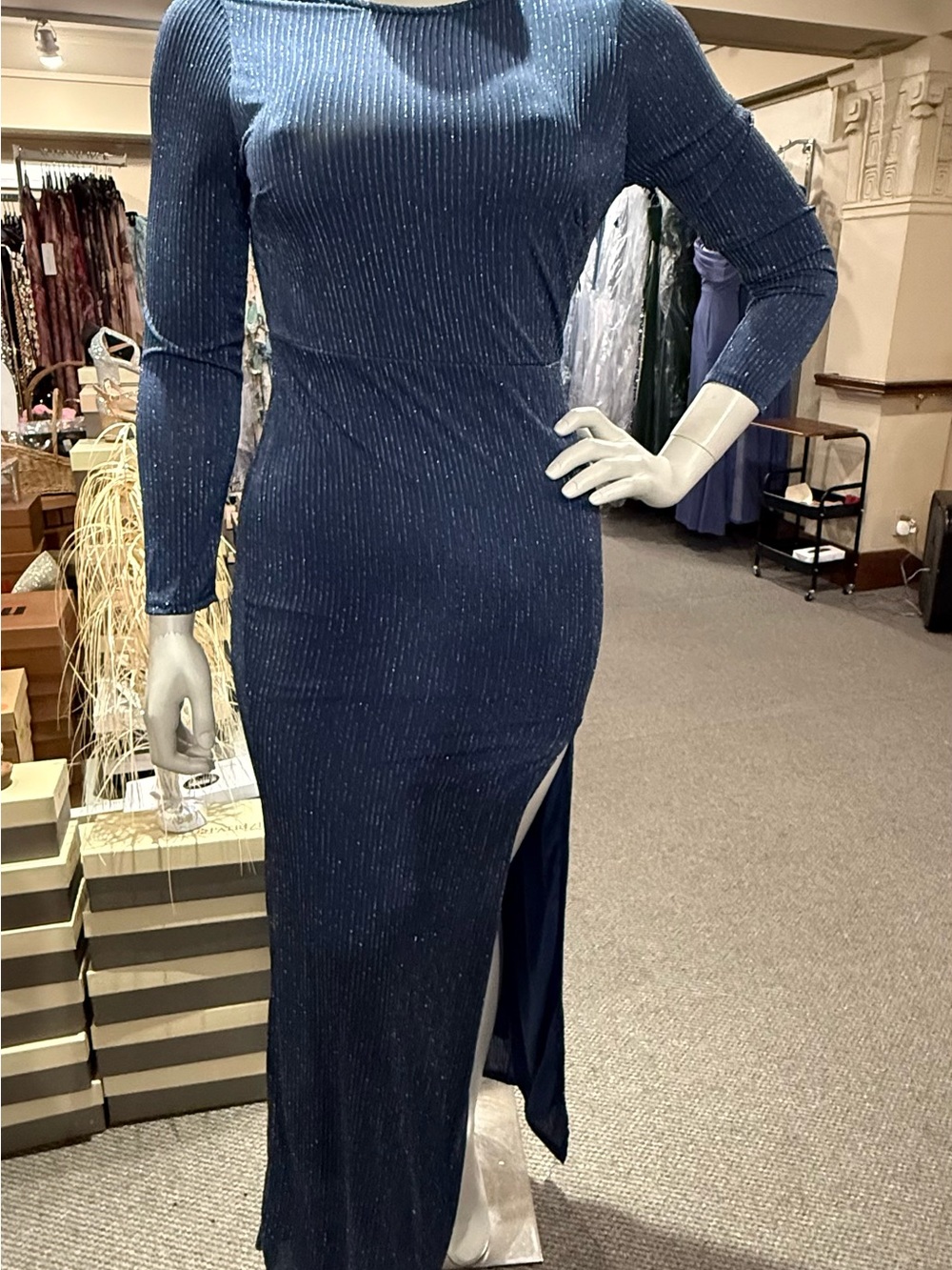Sparkle-Trim Navy Maxi Dress with Side Slit